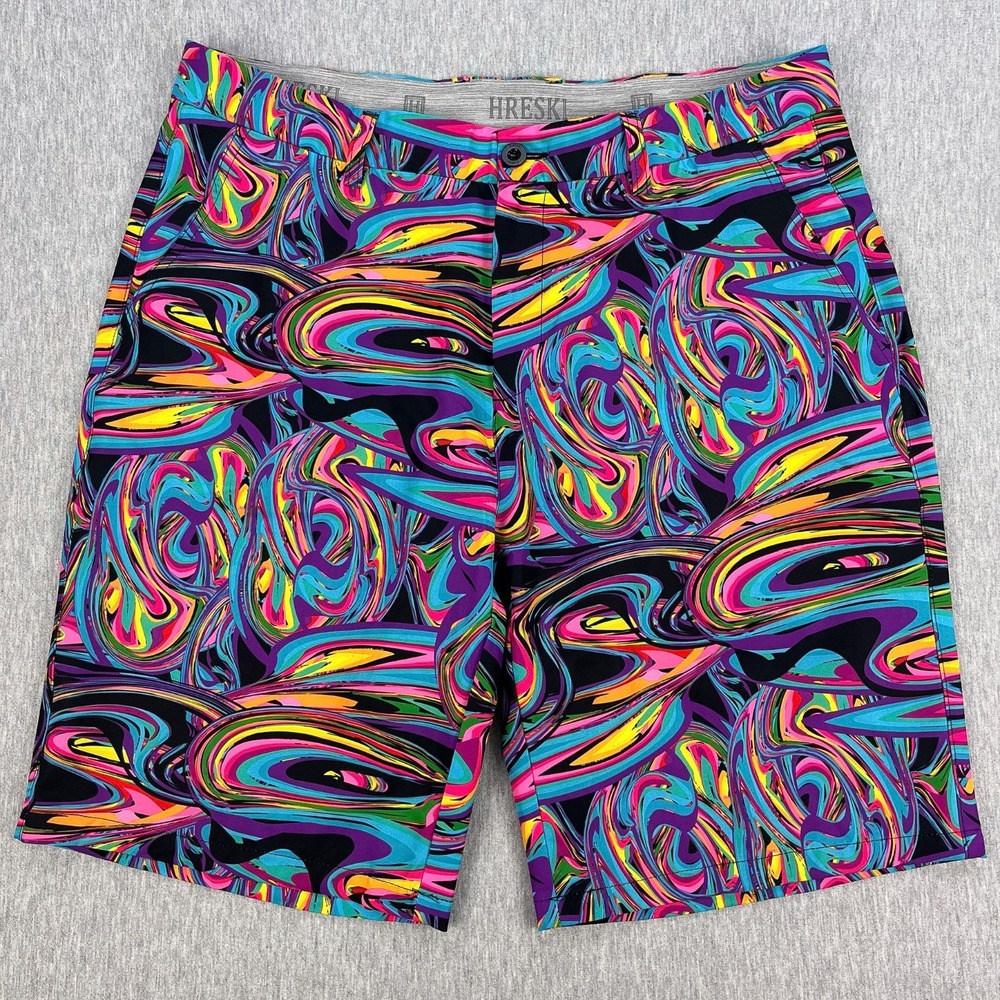 HRESKI Shorts Mens 36 Multi Abstract 10" Inseam Chinos Golf Stretch Psychedelic